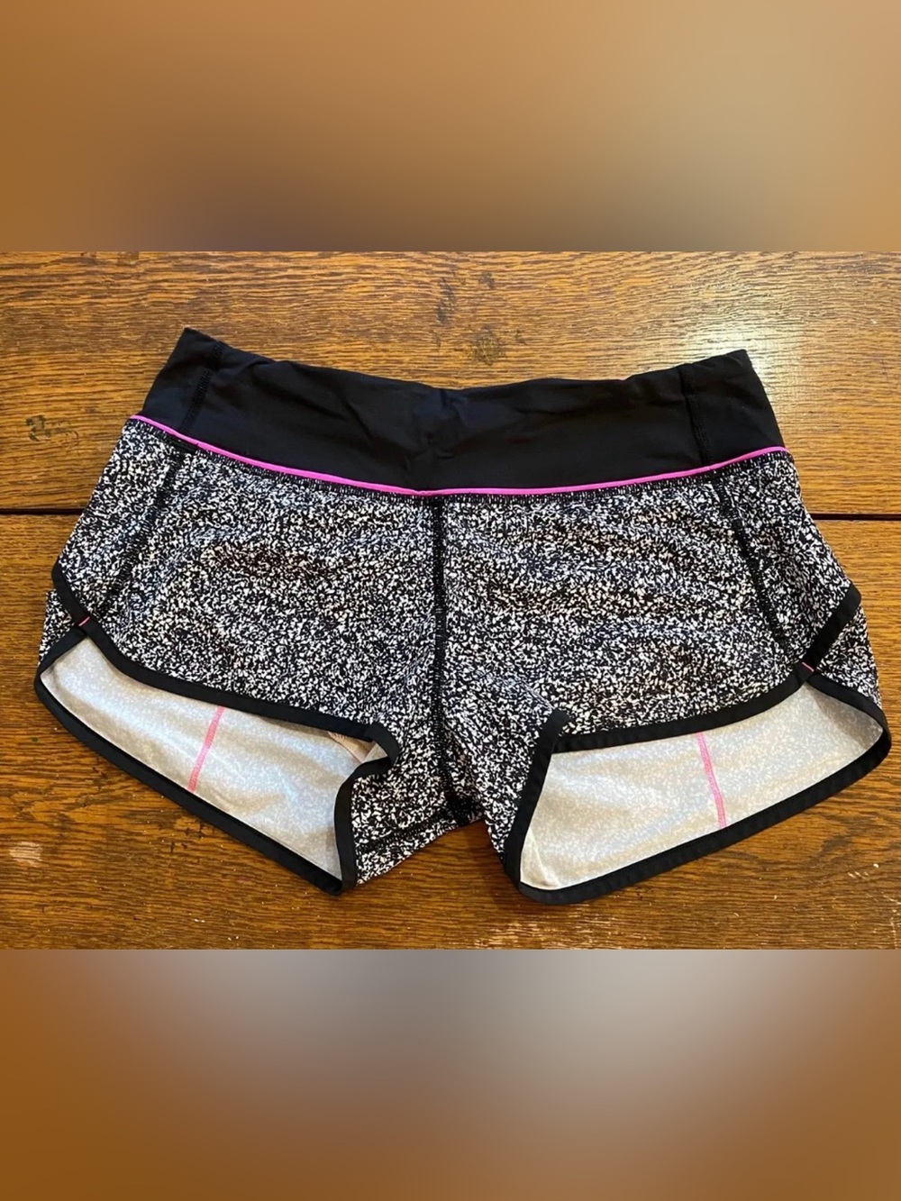 Lululemon Black & White speckled Athletic Shorts with Pink accents